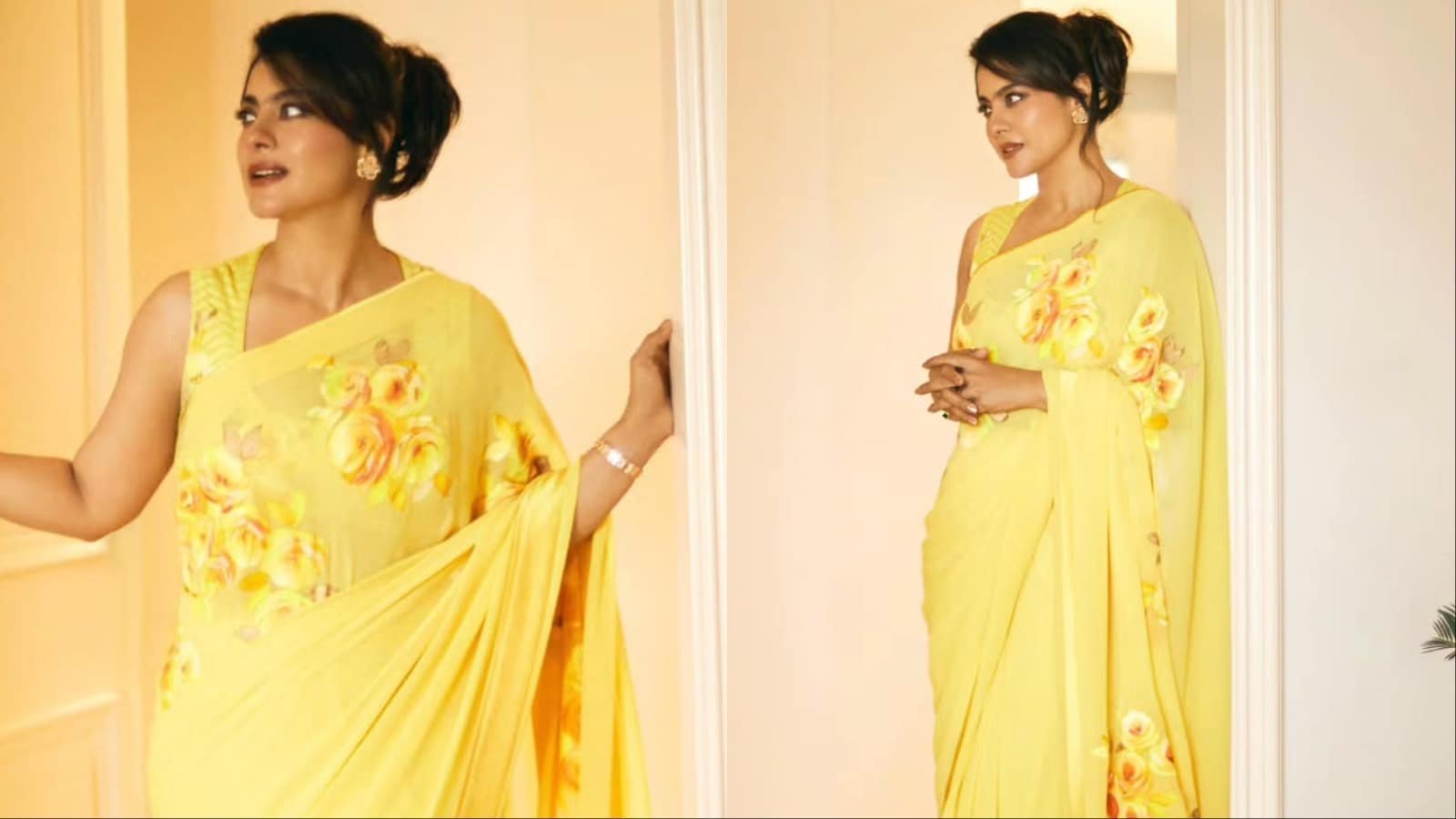 Kajol Glows Like Sunshine In A Floral Saree For Maa Promotions 