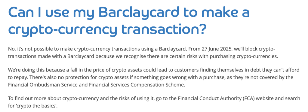 Barclays to Block Crypto Transactions on UK Bank Cards Over Debt Concerns