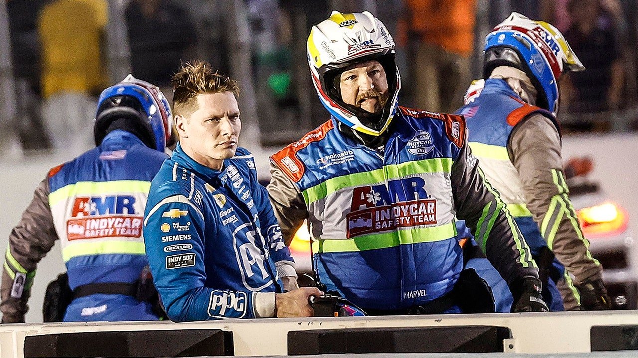 IndyCar drivers Josef Newgarden and Louis Foster collide