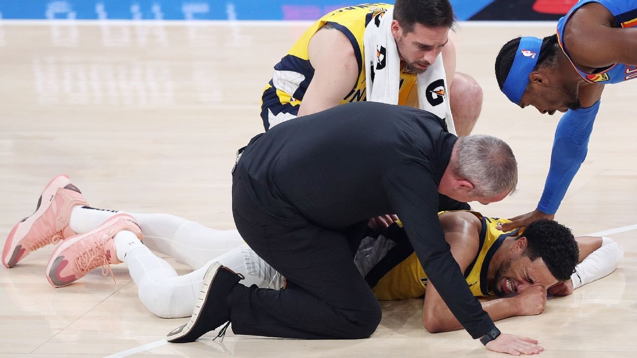 Pacers' Tyrese Haliburton exits Game 7 with right leg injury