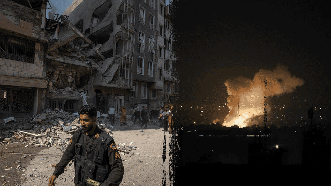 Rescue teams work outside a heavily damaged building, targeted by an Israeli strike in the Iranian capital Tehran on June 13, 2025.