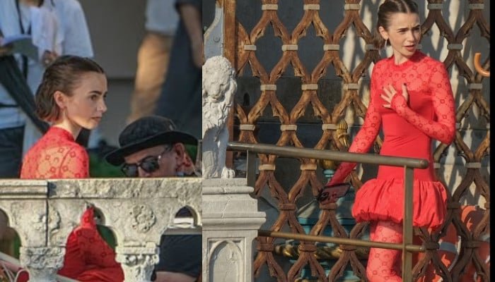 Lily Collins dazzles in red mini dress as Emily story heads to Rome