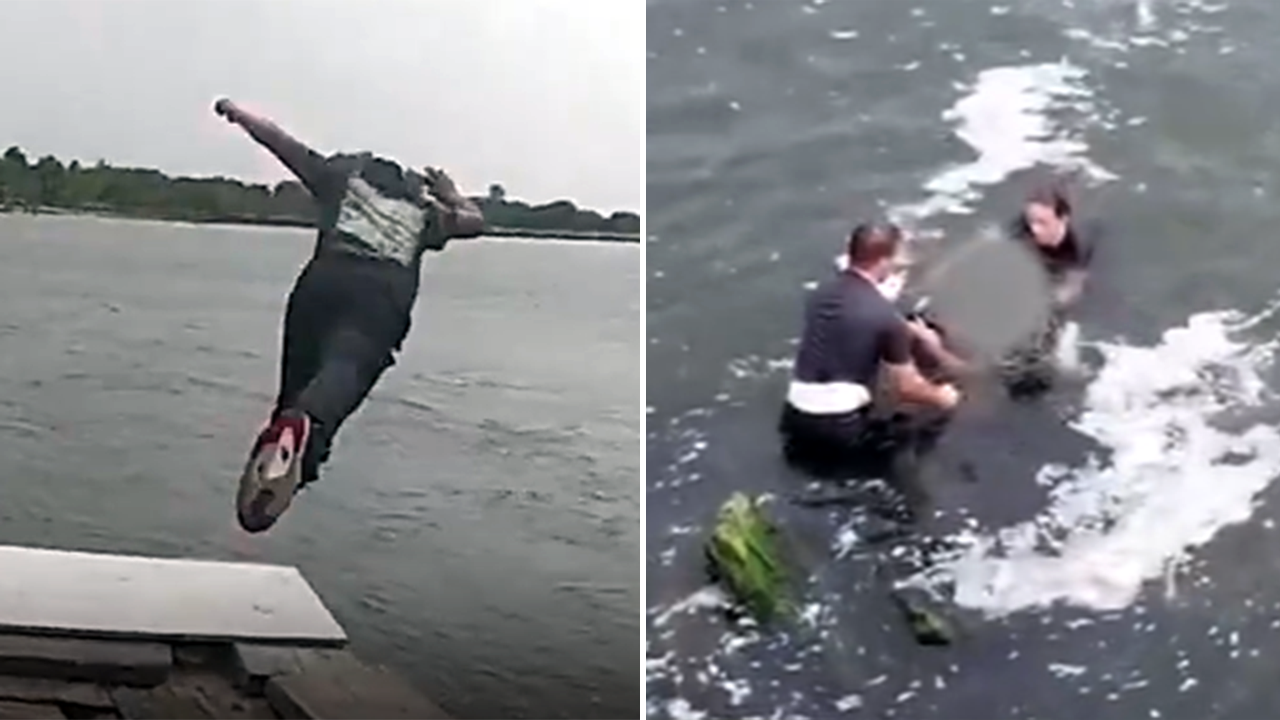 Female police officer jumps into water to arrest career criminal, video shows